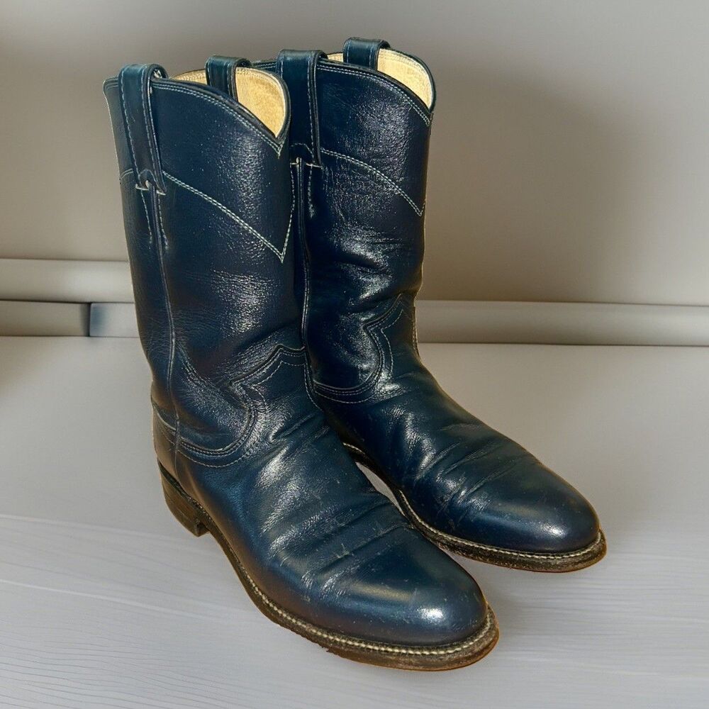 Justin Women 6A Cowboy Boots Blue Leather Western Roper Round Toe Classic